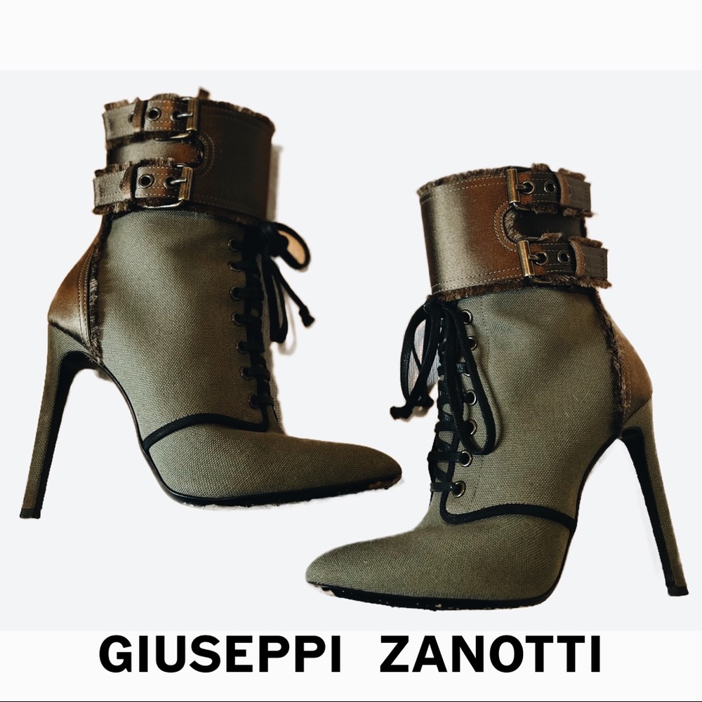 Giuseppe Zanotti- Olive Green Canvas Lace Up Ankle Boots